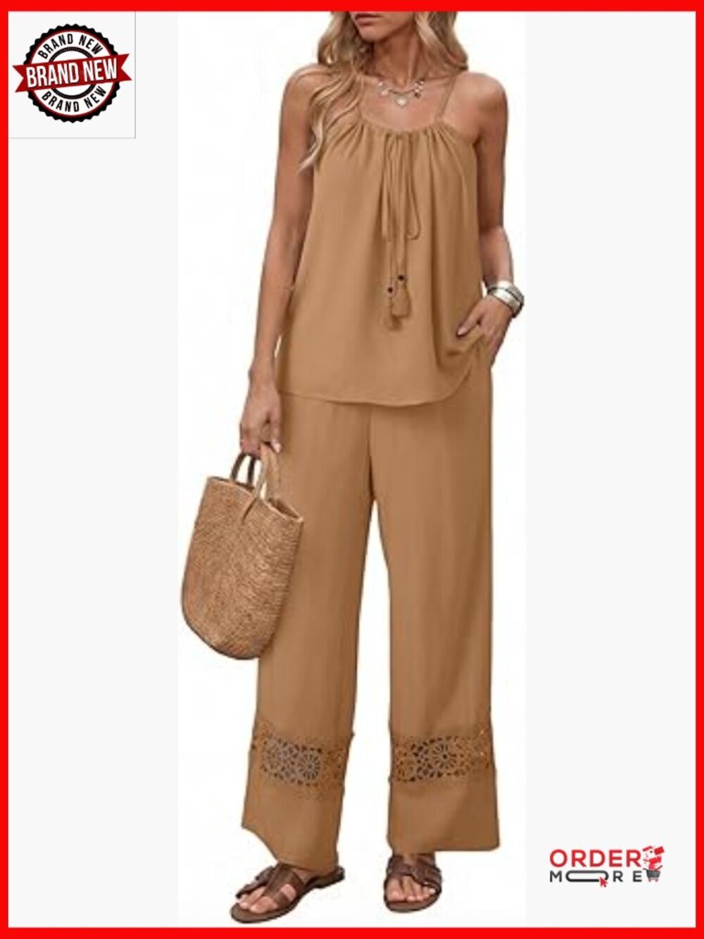 Spaghetti Strap Tie Knot Top Lace Wide Leg Pants Set